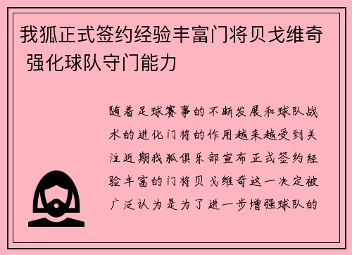 我狐正式签约经验丰富门将贝戈维奇 强化球队守门能力