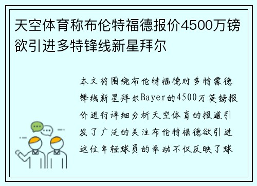 天空体育称布伦特福德报价4500万镑欲引进多特锋线新星拜尔